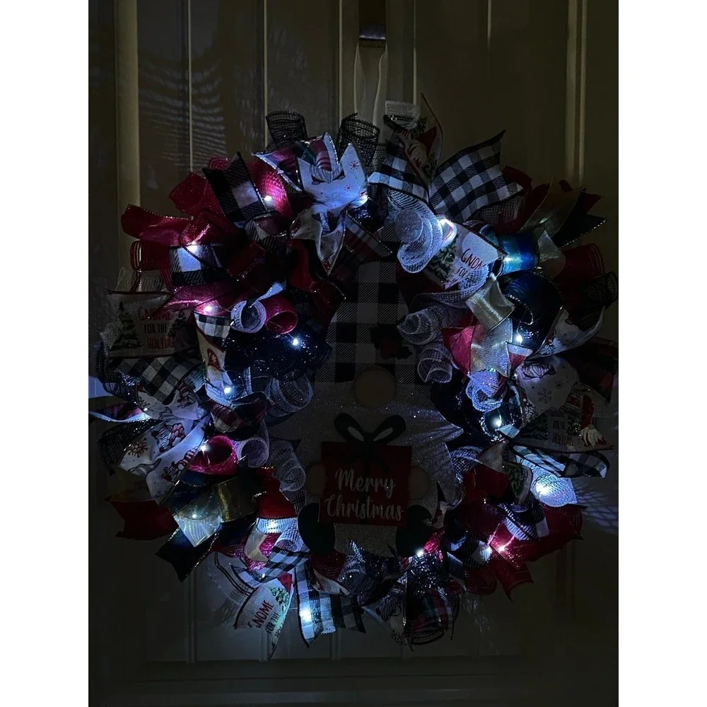 Handmade Merry Christmas Gnome Holiday Ribbon Door Wreath 22 ins W44